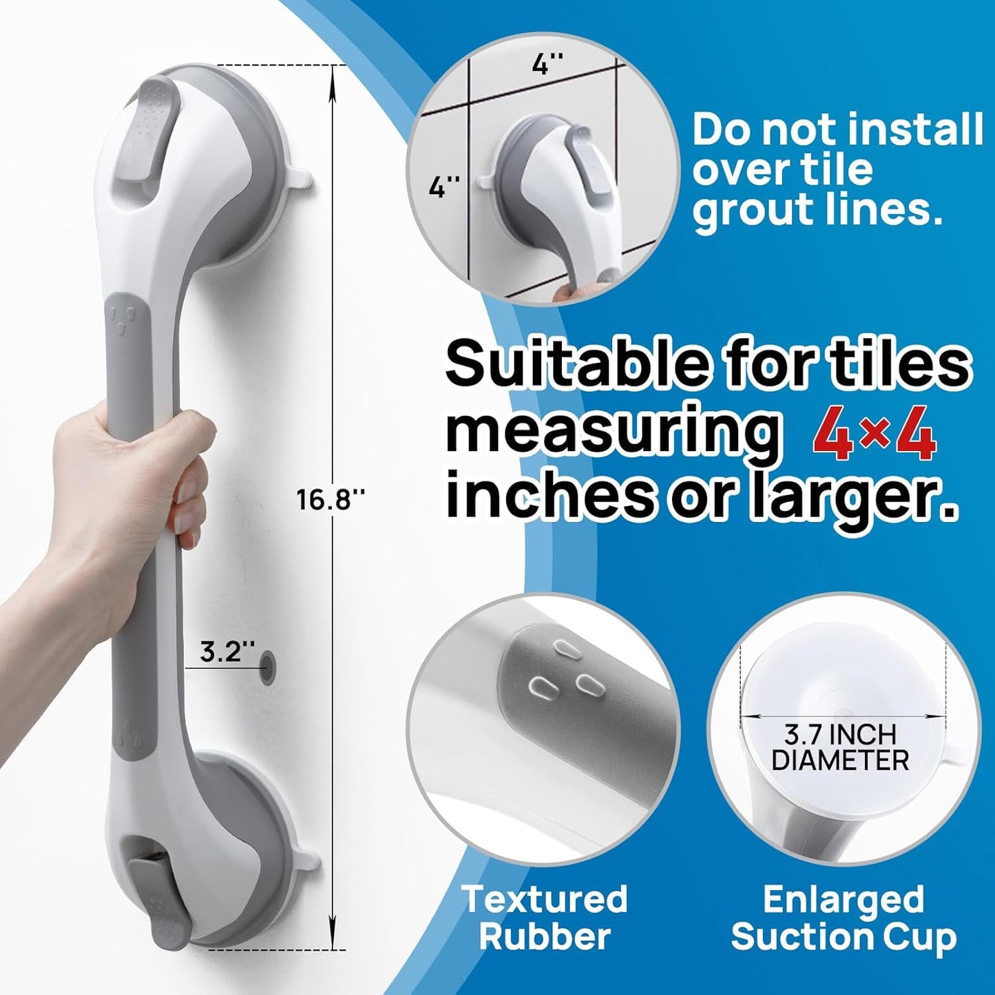 LEVERLOC 2 Pack Shower Grab Bars for Bathtubs and Showers, Easy to Install Suction Shower Handles for Bathroom Removable Handrails for Seniors Elderly Heavy Duty Safety Grip Waterproof Drill Free Gray