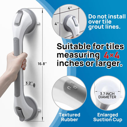 LEVERLOC 2 Pack Shower Grab Bars for Bathtubs and Showers, Easy to Install Suction Shower Handles for Bathroom Removable Handrails for Seniors Elderly Heavy Duty Safety Grip Waterproof Drill Free Gray