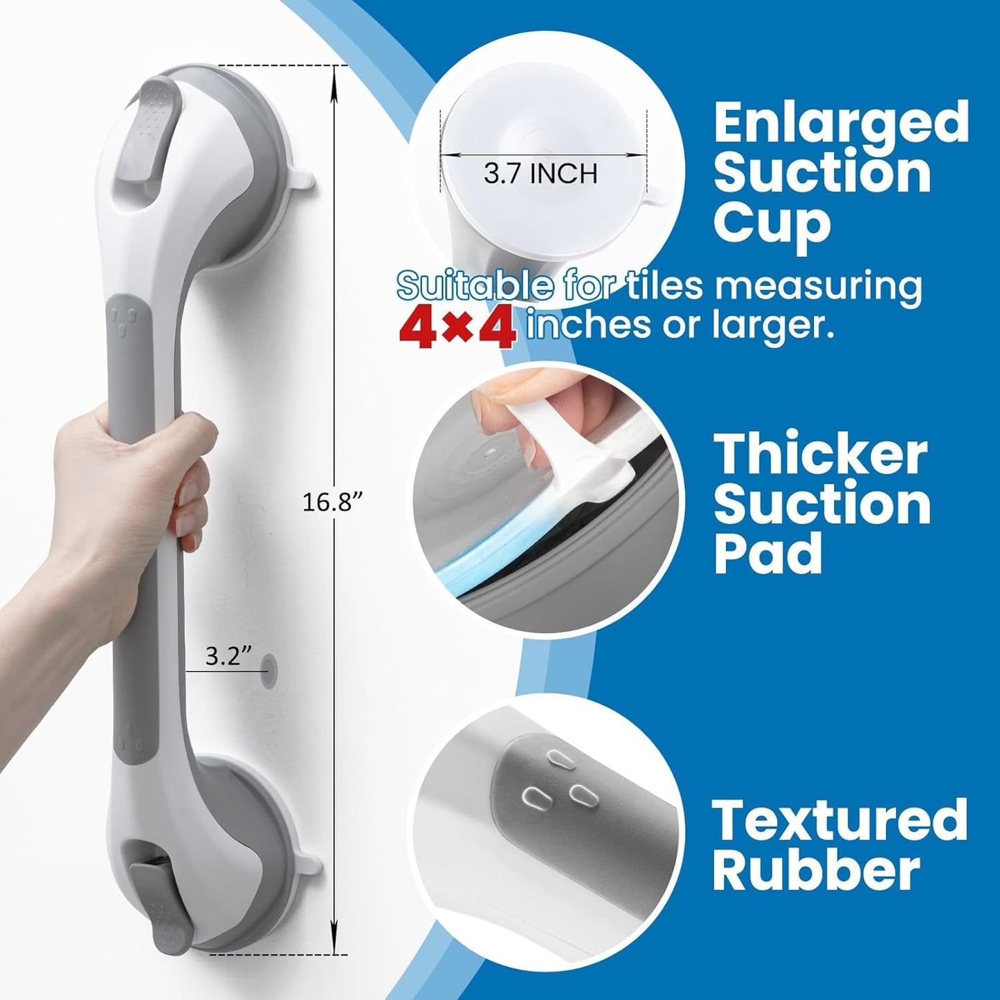 LEVERLOC 2 Pack Shower Grab Bars for Bathtubs and Showers, Easy to Install Suction Shower Handles for Bathroom Removable Handrails for Seniors Elderly Heavy Duty Safety Grip Waterproof Drill Free Gray