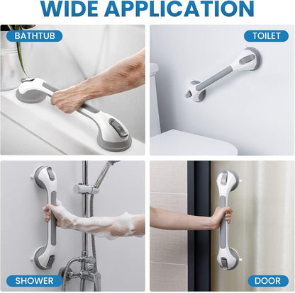 LEVERLOC 2 Pack Shower Grab Bars for Bathtubs and Showers, Easy to Install Suction Shower Handles for Bathroom Removable Handrails for Seniors Elderly Heavy Duty Safety Grip Waterproof Drill Free Gray