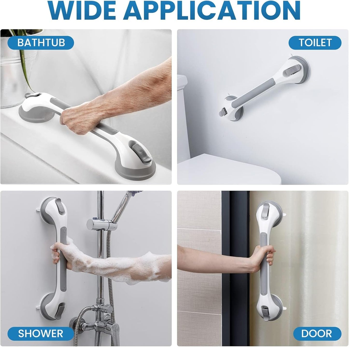 LEVERLOC 2 Pack Shower Grab Bars for Bathtubs and Showers, Easy to Install Suction Shower Handles for Bathroom Removable Handrails for Seniors Elderly Heavy Duty Safety Grip Waterproof Drill Free Gray