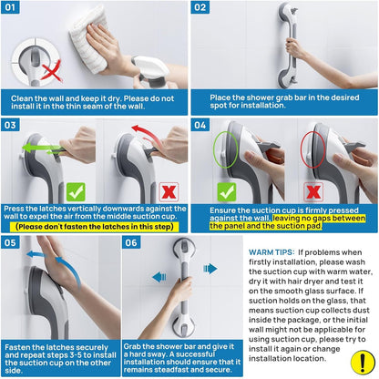 LEVERLOC 2 Pack Shower Grab Bars for Bathtubs and Showers, Easy to Install Suction Shower Handles for Bathroom Removable Handrails for Seniors Elderly Heavy Duty Safety Grip Waterproof Drill Free Gray