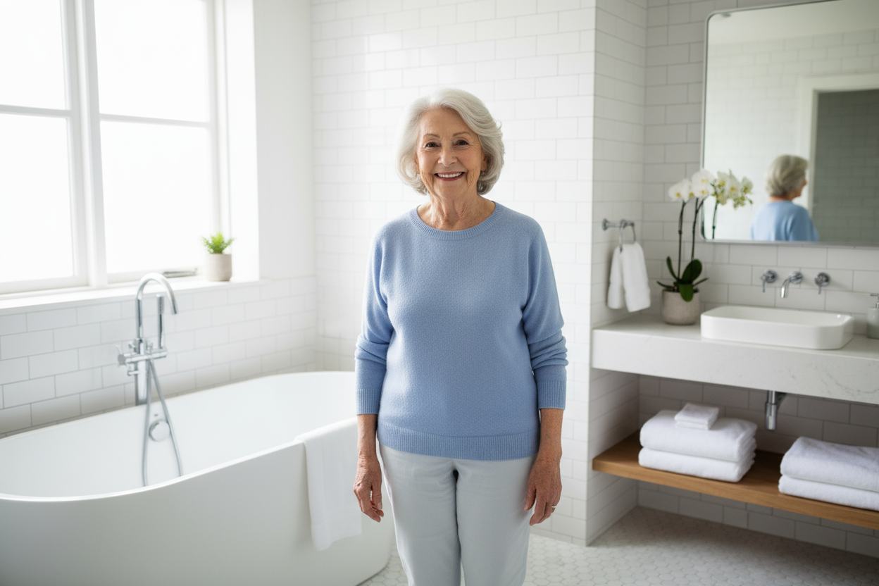 old lady smiling in the bathroom